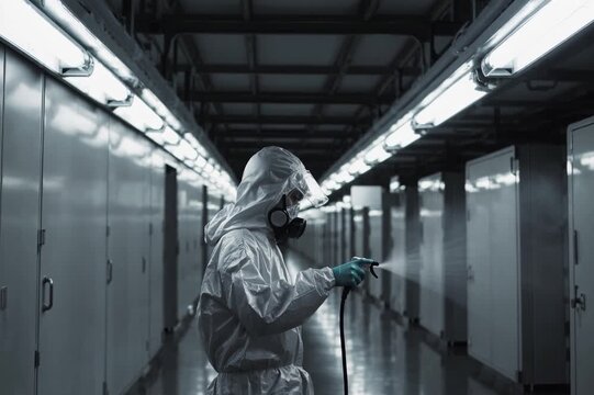 Worker disinfecting a facility with protective gear and equipment during a sanitization process