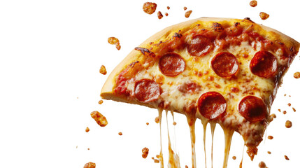 A single delicious slice of pepperoni Pizza with melting cheese on white background 