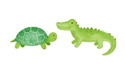 Fototapeta premium Cute green turtle and crocodile