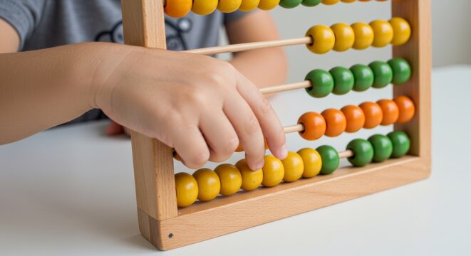 Child moving a yellow bead along a wooden abacus with colored beads on a white surface, concept of learning and counting