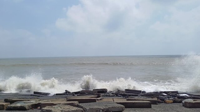 Bay of Bengal reaching the stone blocks