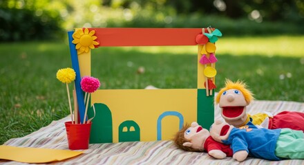 Colorful children&rsquo;s photo frame with two puppets and a flowerpot of paper flowers on a picnic blanket in a lush green park
