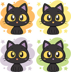 Four adorable cartoon black kittens with big yellow eyes and expressive faces set against colorful abstract backgrounds with stars