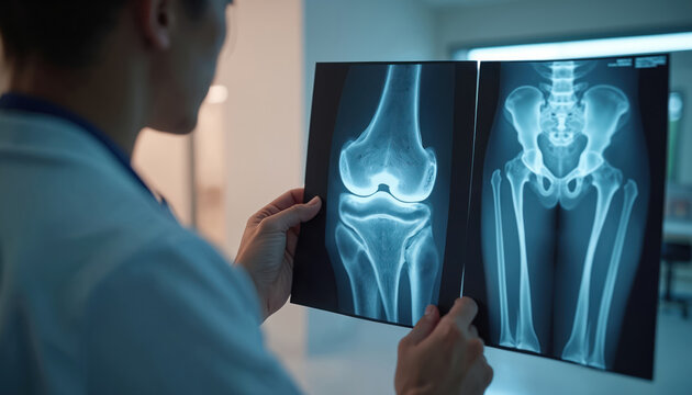 Orthopedic surgeon studies knee x-ray, MRI, CT scan results in hospital radiology unit. Doctor examines bone, joint imaging for diagnosis, treatment planning. Pro medical expertise in orthopedics.
