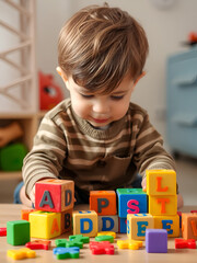 Little preschooler child boy playing with toy cubes and memorizing letters. Early education concept