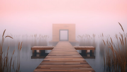 A slender pier leads to a cubic pavilion of sand-colored stone, half-shrouded in reeds and morning mist.
