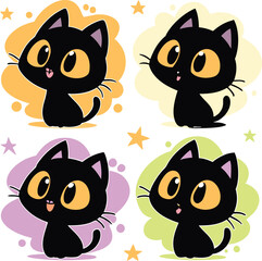 Four adorable cartoon black kittens with big yellow eyes and whimsical splashes of orange yellow purple and green against a white background with small stars