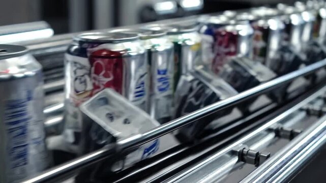 Cans on production line in beverage facility during afternoon shift