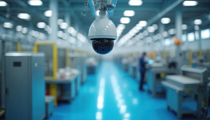 High-resolution security camera hangs in modern factory. Blue floor, industrial equipment visible. Offers clear surveillance, monitoring, safety, control over workspace. Automation, protection,