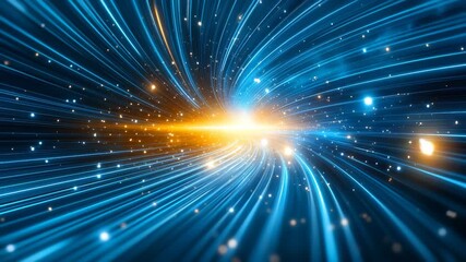 Dynamic blue and yellow light streams converging in swirling vortex pattern. Radial energy explosion with luminous particle streams. Intense motion visualization of cosmic movement.
