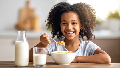 Young girl happily eating cereal with milk