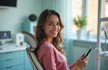 Smiling young female dentist sits in chair holding smartphone in clinic office. Pleasant woman in uniform communicates via mobile phone, representing modern dental care and technology.