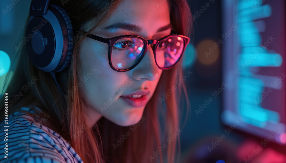 Wall mural female programmer wearing glasses, headphones, analyzing code on computer screen reflecting neon lig