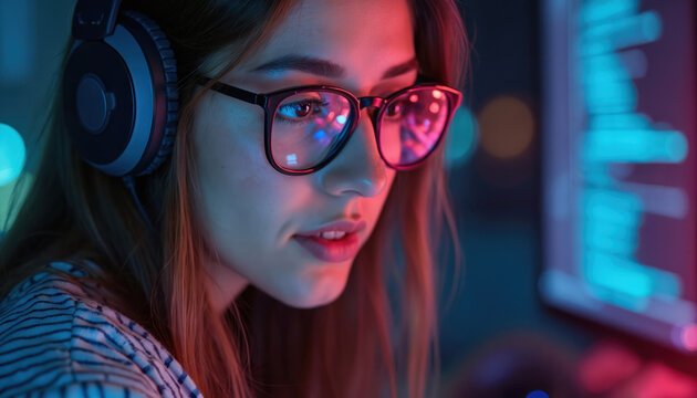 Female programmer wearing glasses, headphones, analyzing code on computer screen reflecting neon lights. Image captures focused teamwork in high-tech modern workspace, innovation in software