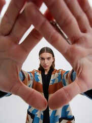 Woman Looking Through Hands Frame - Portrait of Fashion Model