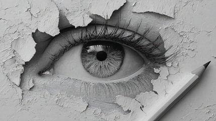 Gray Scale Eye Art Detailed Closeup Monochrome Eye with Cracked Paint Texture Graphite Pencil Artistic Visual