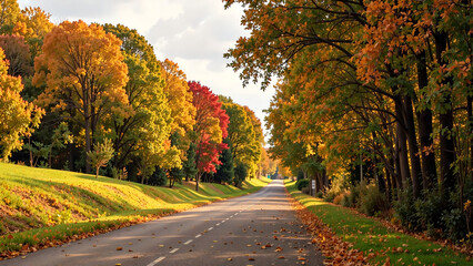 Obraz premium Colorful Autumn Trees Along Empty Country Road