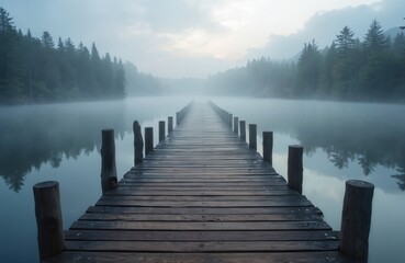 Obraz premium Rustic wooden dock extends into misty water under overcast sky. Soft light creates peaceful evening atmosphere. Tranquil lake scene with fog-shrouded trees reflecting on calm surface.