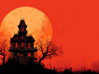 illustration of haunted house silhouette against full moon, vector halloween background, spooky night