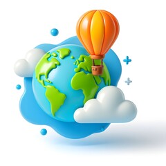 3D illustration of a globe with a hot air balloon and clouds, symbolizing world travel and adventure