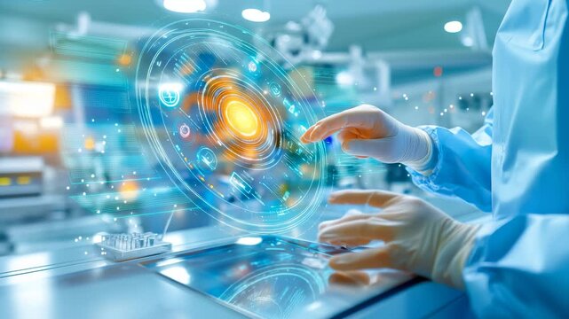 Healthcare professional in blue surgical gloves interacting with holographic digital interface displaying complex data visualization in medical laboratory environment. - Powered by Adobe