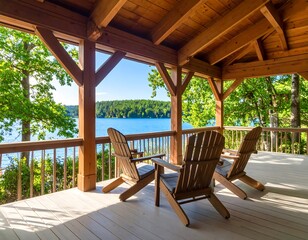 Lakeside porch with wooden chairs.  Tranquil view of water and trees