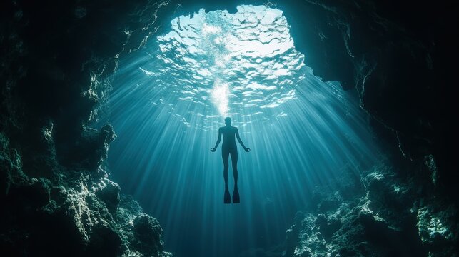 Freediver silhouette in underwater cave. - Powered by Adobe