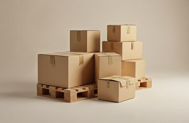 Fototapeta premium Cardboard boxes stacked on wooden pallet. Brown paper containers sealed with tape. Cargo parcel ready for delivery. Shipping logistics, storage, retail, commerce goods.