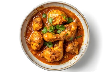 Fototapeta premium A casual photo of chicken curry with clean white background, aerial shot. It's a casual photo.