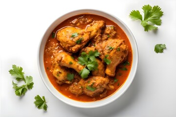 Fototapeta premium A casual photo of chicken curry with clean white background, aerial shot. It's a casual photo.