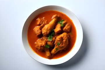 Fototapeta premium A casual photo of chicken curry with clean white background, aerial shot. It's a casual photo.