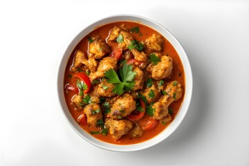 Fototapeta premium A casual photo of chicken curry with clean white background, aerial shot. It's a casual photo.