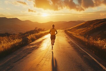 Marathon athlete running on open road at sunrise