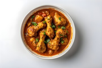 Fototapeta premium A casual photo of chicken curry with clean white background, aerial shot. It's a casual photo.