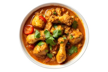 Fototapeta premium A casual photo of chicken curry with clean white background, aerial shot. It's a casual photo.