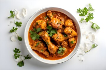 A casual photo of chicken curry with clean white background, aerial shot. It's a casual photo.