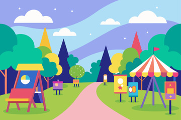A vibrant vector cartoon landscape illustrates a summer day with trees, mountains, a house, and a road under a sunny sky with clouds