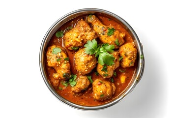 A casual photo of chicken curry with clean white background, aerial shot. It's a casual photo.