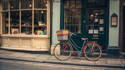 Retro bicycle with colorful basket parked outside shop