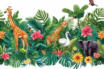 Naklejka premium Seamless border with jungle animals, flowers and trees. Vector.