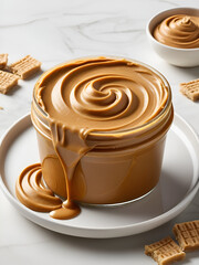 smooth. creamy swirl of peanut butter. showcasing its rich. golden-brown color and glossy texture this visually appealing presentation highlights the product's spreadability and is likely intended for
