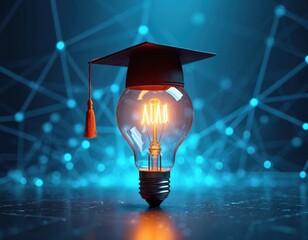 Glowing transparent light bulb topped with academic cap sits on digital blue network background. Symbolizes education, inspiration, graduation success, learning, and creativity.