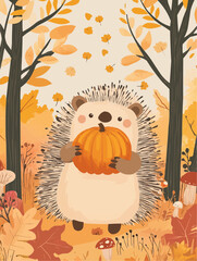 A cute hedgehog holding a pumpkin in a colorful fall forest, ideal for seasonal greeting cards and eco-friendly product labels