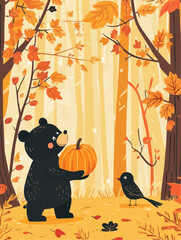Bear cub with a pumpkin and bird  in a warm autumn scene, great for gift tags, printable labels and eco packaging