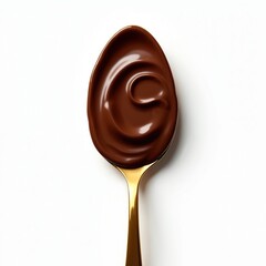 Obraz premium Golden spoon holds rich chocolate spread. Creamy cocoa paste swirls on shiny surface. Delicious sweet dessert treat, isolated closeup on white background. Tempting indulgence, glossy luxury food item.