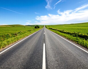 Fototapeta premium Straight road stretching into a bright blue sky over a grassy plain