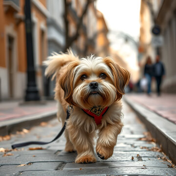 Havanese dog walking on the leach on the street