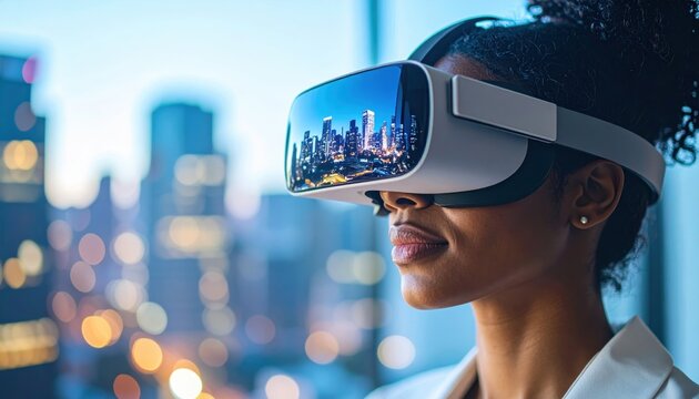 Woman Experiencing Virtual Cityscape at Dusk