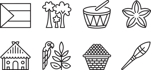 Caribbean Cultural Icons Outline Set: National Symbols, Nature, and Traditional Elements