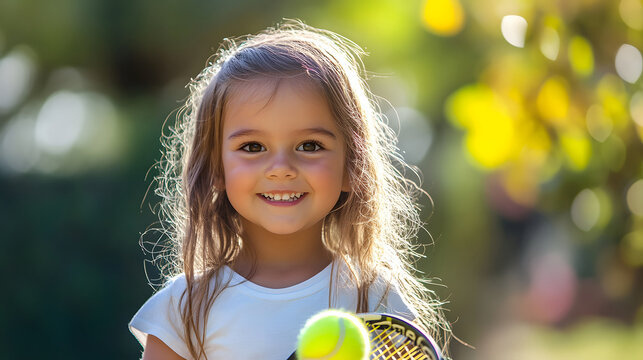 A smiling young girl with a tennis racket and ball outdoors. Healthy kid lifestyle. - Powered by Adobe